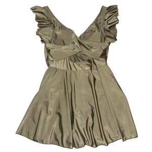 Womens Olive Green Ruffle‎ Swimdress One Piece Cutout Skirted Swimsuit Fits M/L